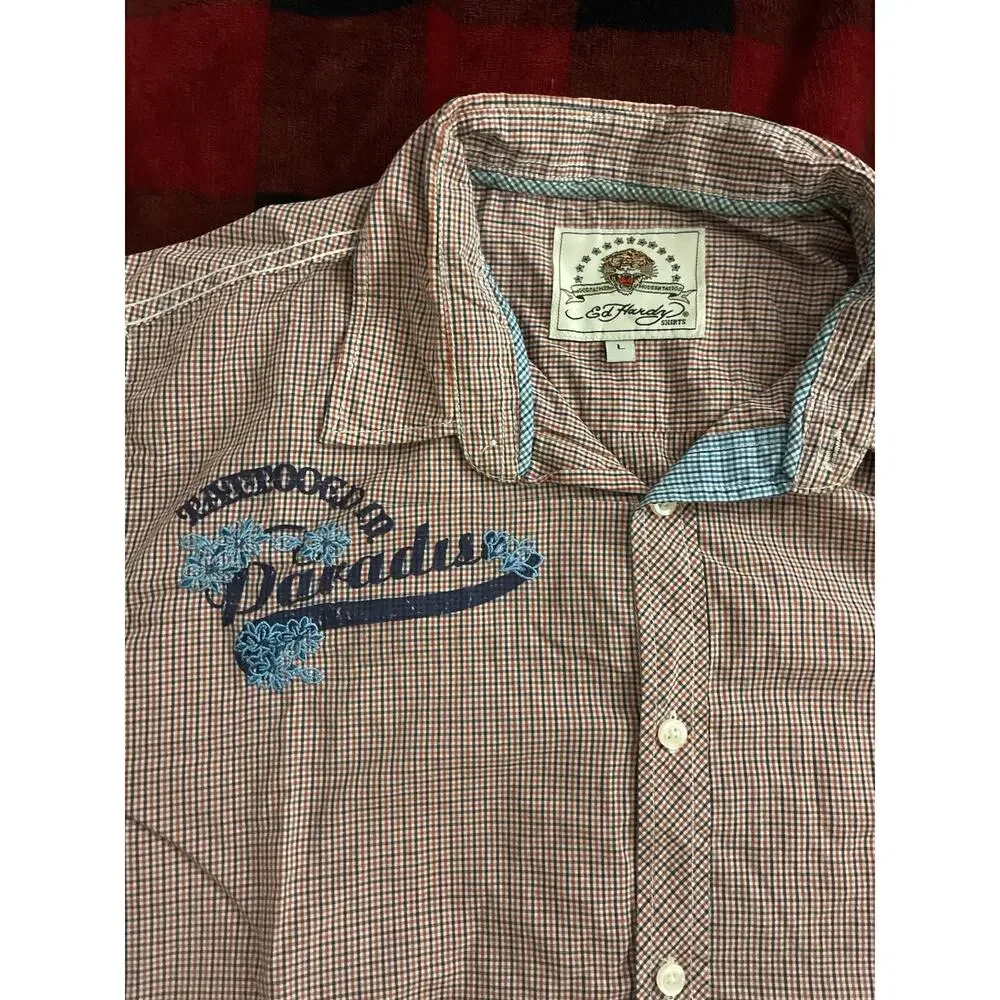 Ed Hardy Men's L Check Short Sleeve Button-Up Shirt Embroidered Logo vintage red